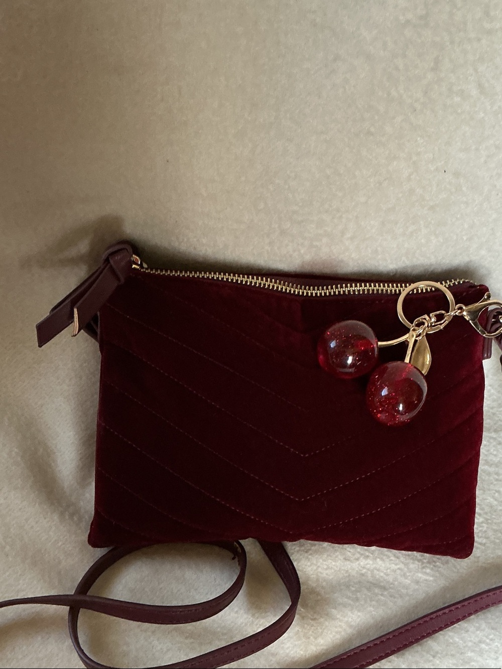 Old Navy Burgundy Velvet Chevron Crossbody with Cherry Charm Accents